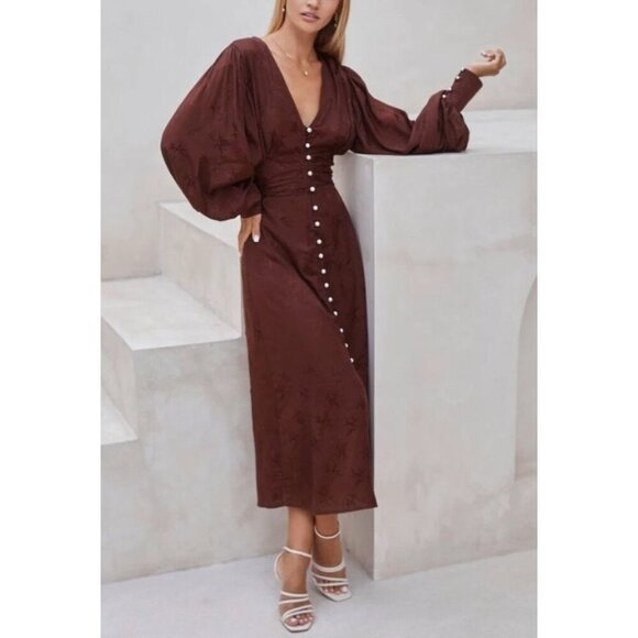 Elf Dresses & Skirts - Elf Juliette Pearl Button Rayon Floral Midi Dress M In Chocolate Pearl.